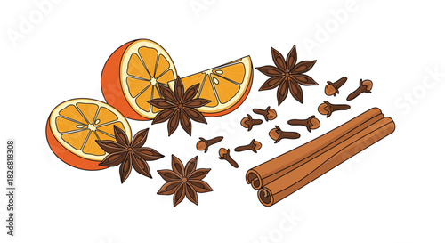 Illustration of mulled wine spices including oranges, star anise, cinnamon sticks and cloves.