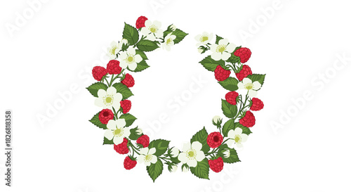 A decorative wreath of raspberries and white flowers on a white background.