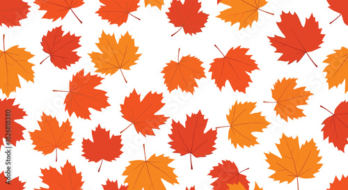 Seamless pattern of vibrant autumn maple leaves in red and orange hues on a white background.