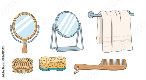 Collection of bathroom hygiene and grooming items, including mirrors, a towel, a brush, a sponge, and a comb.
