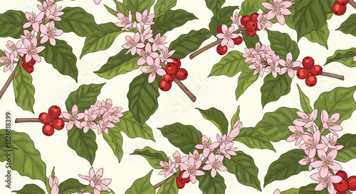 Seamless pattern of coffee branches with red cherries and pink blossoms on a light background.