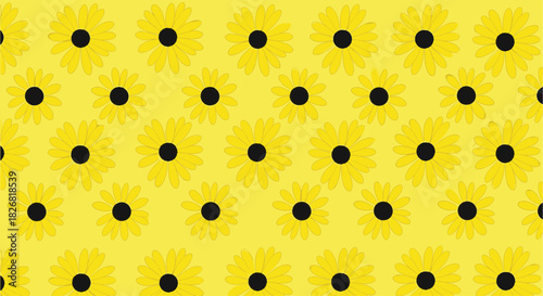 A cheerful yellow background pattern filled with repeating cartoon-like daisies with black centers.