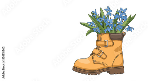 A cartoon illustration of blue flowers blooming from a yellow work boot on a white background.