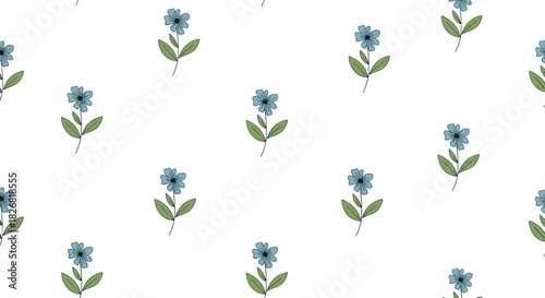 Seamless pattern of delicate blue flowers with green leaves on a white background.