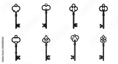 Collection of eight antique skeleton keys in silhouette against a white background.