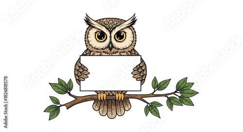 An owl sits on a tree branch holding a blank sign in its talons.