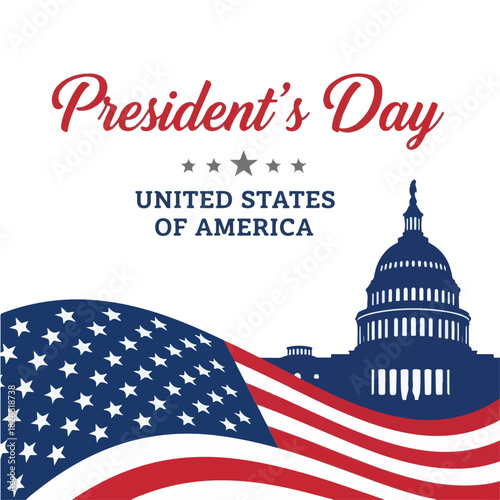 President's day us capitol building and waving american flag illustration