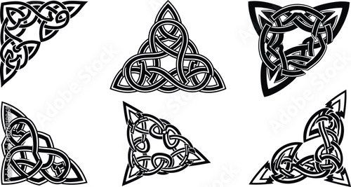 Collection of celtic knotwork corner elements and triquetra symbols featuring traditional ancient irish and scottish interlocking woven patterns for decoration and design projects.