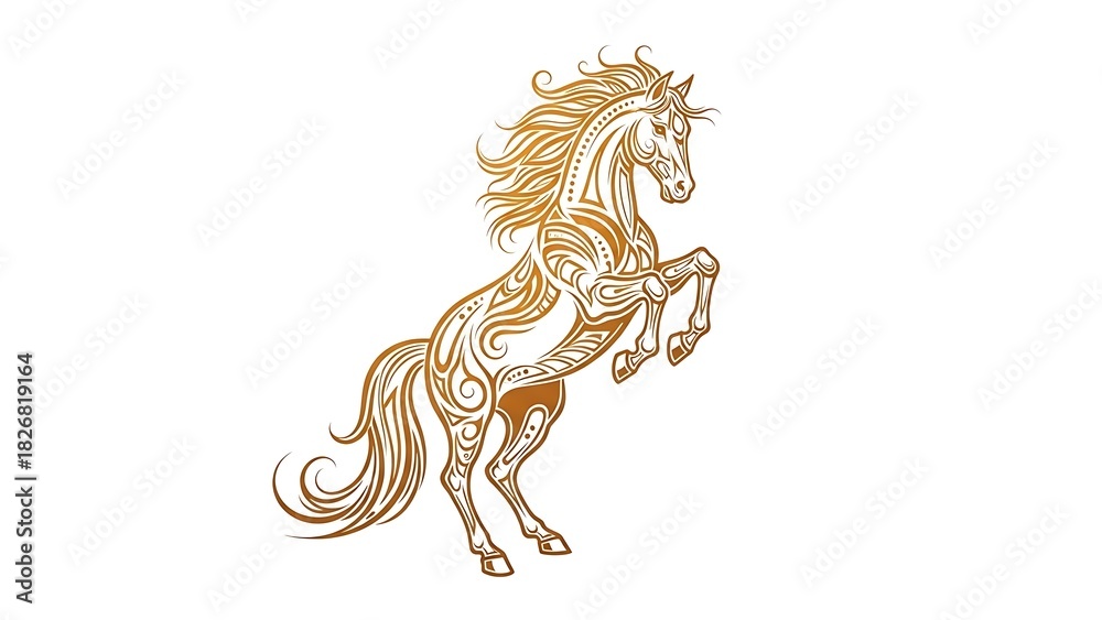Fototapeta premium A stylized vector of a golden horse rearing up with fiery effects glowing around its body, centered on a plain white background 