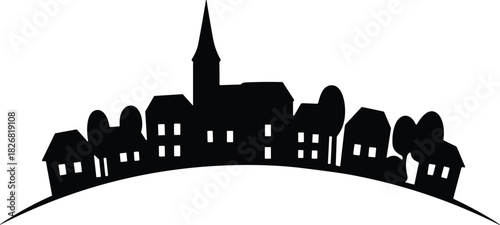 Black silhouette of village town skyline with church steeple on curved hill, rural landscape, cad drawing flat vector illustration