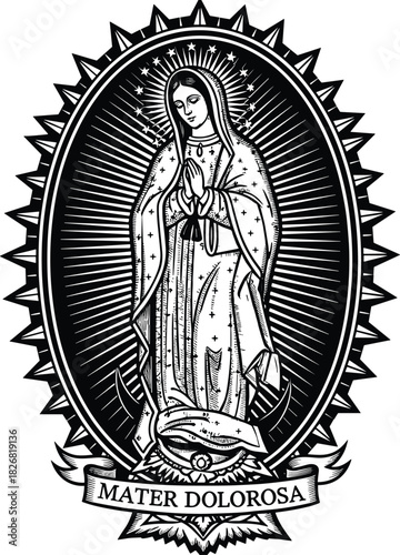 Mater Dolorosa Virgin Mary illustration, Catholic sorrowful mother icon, religious prayer pose, radiant halo sacred art, flat vector