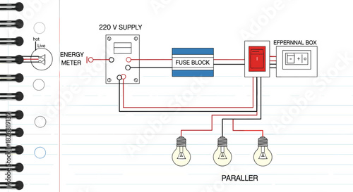 Detailed Electrical Home Wiring Diagram Illustrating 220V AC Power Supply, Energy Meter, Fuse Block, External Box, Switch, and Parallel Circuit Light Bulb Installation Vector Illustration,