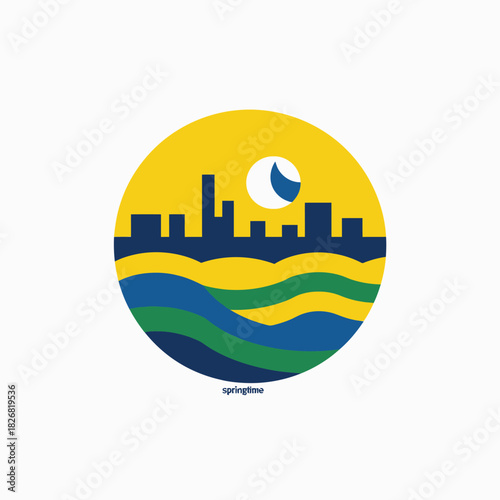 Modern abstract cityscape with buildings, water waves, and celestial body in a vibrant circular graphic illustration. Urban landscape concept.