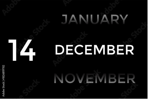 December 14 calendar with black background. A minimalist calendar template with well-structured date boxes and a sleek layout. This image is ideal for illustrating concepts such as time planning