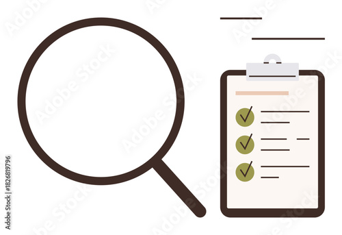 Magnifying glass and clipboard with a checklist of tasks marked complete. Ideal for research, analysis, task monitoring, quality assurance, planning, productivity, precision. Simple flat metaphor