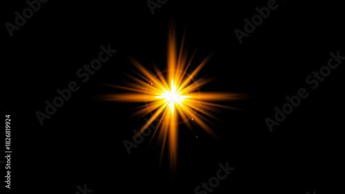 Golden starburst on black background. optical lens flare effect, Transparent sunlight lens flare.