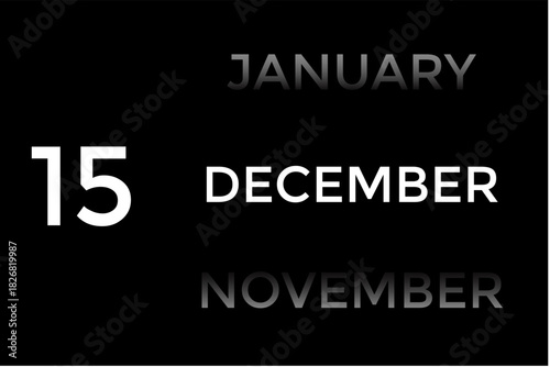December 15 calendar with black background. A minimalist calendar template with well-structured date boxes and a sleek layout. This image is ideal for illustrating concepts such as time planning