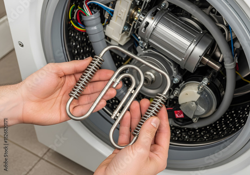 Replacing the heating element in a broken washing machine | Technician hands holding a new heating coil | Appliance repair service and maintenance on faulty home laundry machine