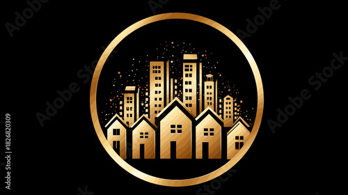 Golden Urban Cityscape Emblem Illustration. Luxury real estate concept with houses, high-rise buildings on black background.