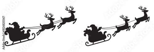 Santa Claus in his sleigh with reindeer silhouette vector illustration for Christmas and holiday designs isolated on white background