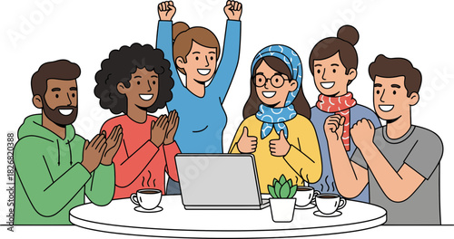 Diverse group of friends celebrating success and happiness around a laptop in a cozy setting with coffee cups and a potted plant on the table