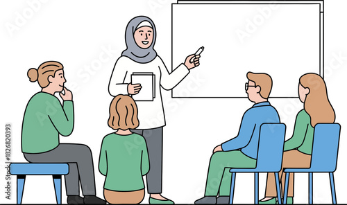 diverse group of people attending a virtual classroom or workshop in a professional setting with a presenter and a whiteboard on a transparent