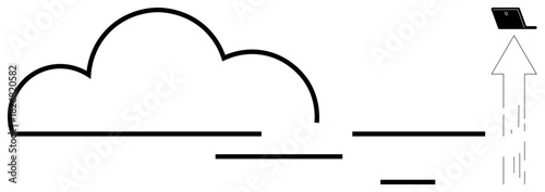 Cloud outline with data lines and laptop launching upward. Ideal for communication, technology, data storage, cloud computing, innovation, networking, efficiency. Simple flat metaphor