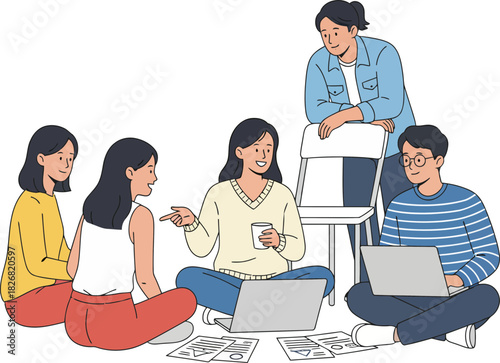 group of five diverse young people collaborating around laptops and devices on a creative project with informal setting and relaxed atmosphere