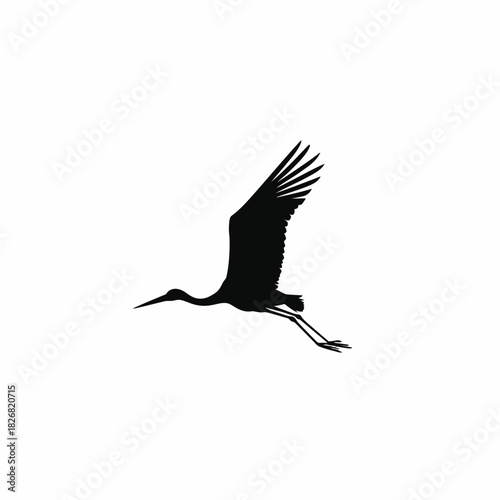 Graceful black silhouette of a crane bird in flight, minimalist vector graphic on white background, avian nature design