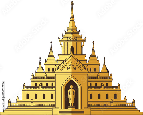 Intricate golden temple with multiple spires and a serene statue at the entrance on a black background for spiritual and cultural depiction