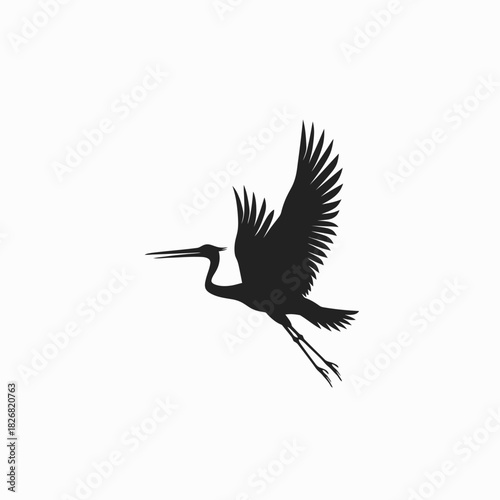 Graceful Flying Crane or Heron Bird Silhouette Illustration on White Background - Elegant Wildlife Vector Graphic
