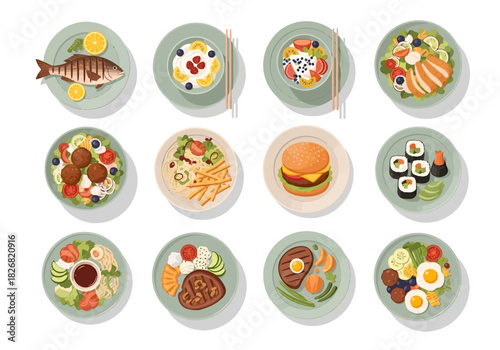 Twelve overhead views of diverse plated meals including fish salads pasta and sushi