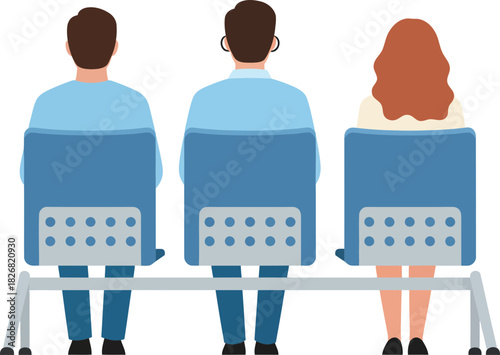 Minimalist illustration of three people seated on a bench against a black background, emphasizing diversity and casual postures in a simple style