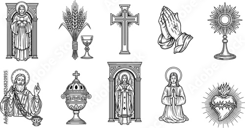 Christian religious icon set illustration, sacred symbols and figures, prayer devotion elements, Catholic worship items and saints, flat vector