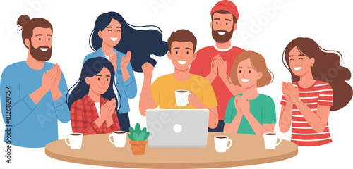 People Celebrating Joyful Moment Gathering Around Laptop with Warmth and Happiness on a Bright Day