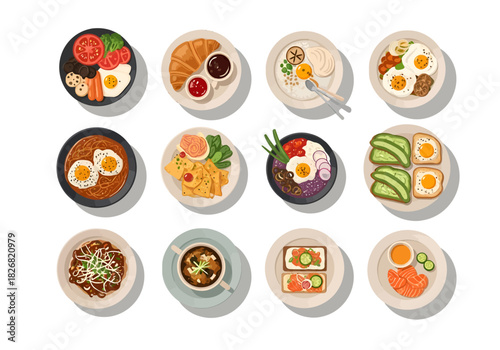 A grid of twelve overhead illustrations of various breakfast plates and bowls