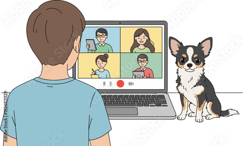 Virtual Meeting with Diverse Participants Featuring a Pet Dog on a Computer Screen on a Solid Black Background