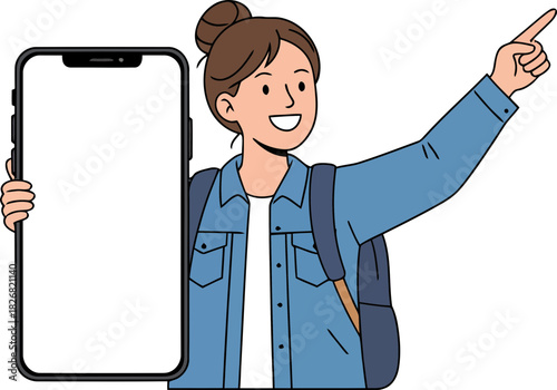 Young girl with backpack taking a selfie with oversized smartphone against a black background emphasizing vibrant colors and cheerful expression