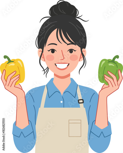 Woman smiling holding yellow and green bell peppers vibrant healthy cooking fresh produce transparent background
