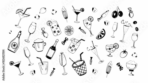 Hand drawn collection of cocktails drinks and party elements