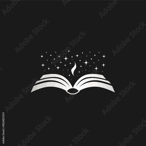 Mystical open book with sparkling stars and a glowing light. Symbolizing magic, knowledge, fantasy, imagination, and storytelling.