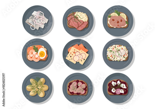Nine illustrations of smørrebrød Danish openfaced sandwiches on grey plates