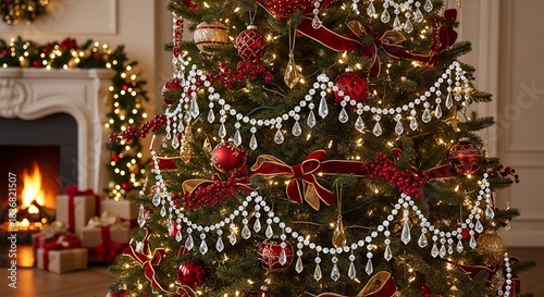 Christmas tree adorned with red and gold ornaments and crystal garlands set against a festive fireplace backdrop