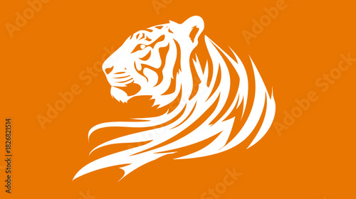 Powerful white tiger head in profile, stylized vector illustration on a vibrant orange background, representing strength and wildness.