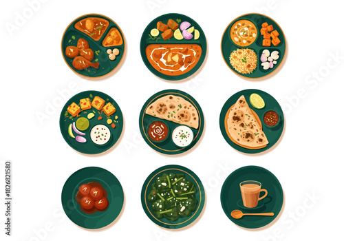 Nine illustrations of various Indian dishes presented on dark green plates