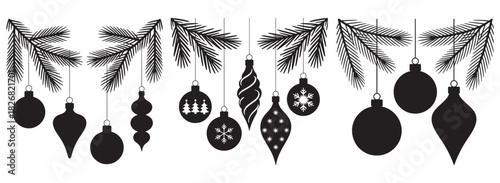 Elegant Christmas ornaments hanging from pine branches a simple black and white vector illustration perfect for holiday designs and greeting cards