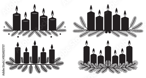 Set of black and white Christmas candle illustrations with pine branches vector design element for holiday decoration