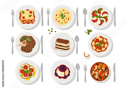 Overhead view of nine plates of Italian food with cutlery on a white background