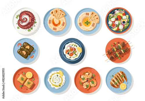 Twelve overhead illustrations of Mediterranean dishes arranged in a 3x4 grid