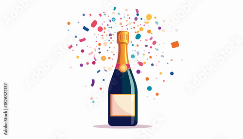 A vibrant illustration of a champagne bottle with a golden top, surrounded by an explosion of colorful confetti, symbolizing celebration and joy.